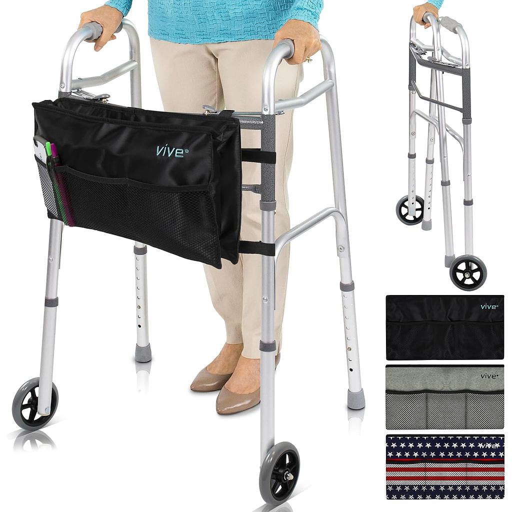 Walker with a black bag featuring the 'Vive' brand on a white background