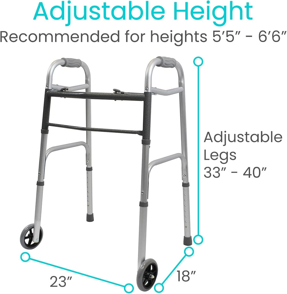 Walker with adjustable height features and measurement details on a white background