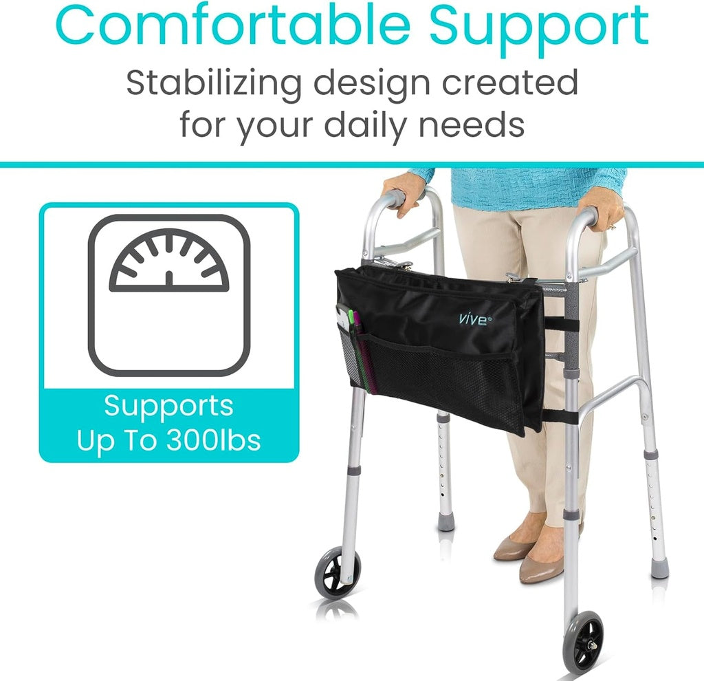 Walker with a bag attached, showing 'Comfortable Support' text and a capacity indicator.