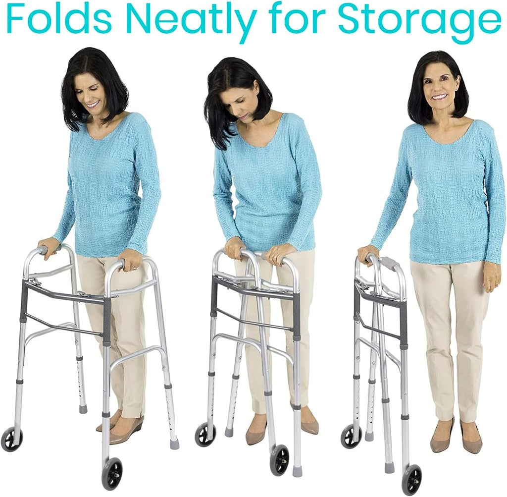 Woman using a walker with text 'Folds Neatly for Storage' on a white background