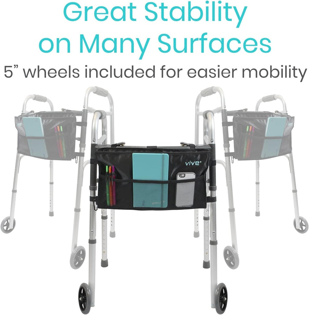 Walker with storage basket and wheels, labeled 'Great Stability on Many Surfaces' and '5" wheels included for easier mobility'.