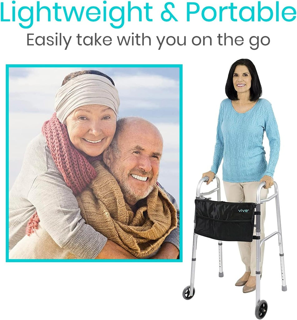 Woman with a walker and a photo of an elderly couple hugging, with text about the walker's portability.