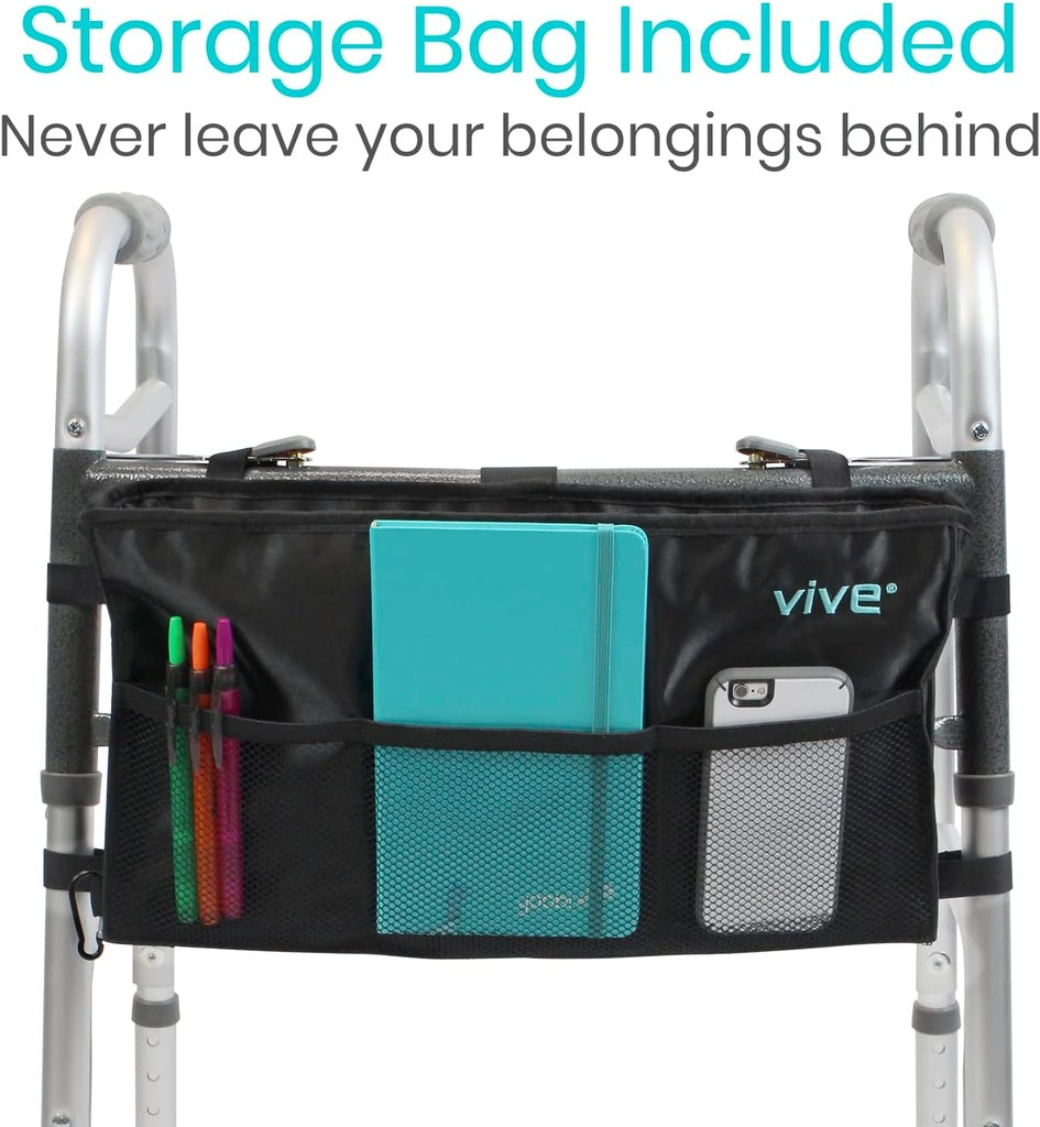 Walker with storage bag attached, featuring the brand 'vive'.