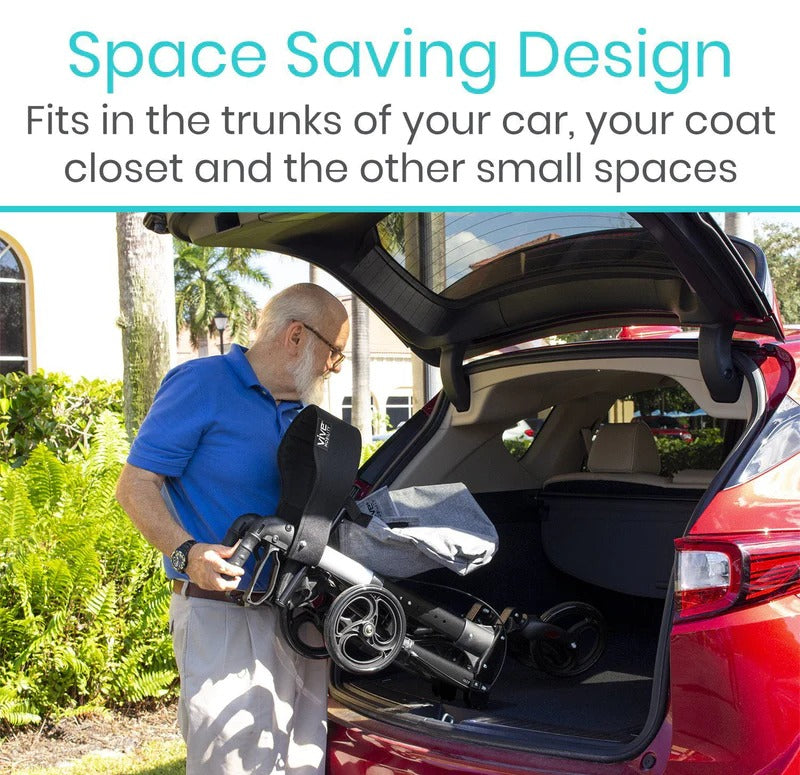 Man loading a compact stroller into the trunk of a car with text about space-saving design.