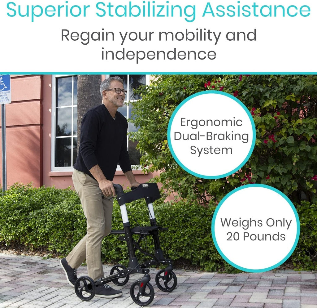 Man using a rollator with text highlighting stabilizing assistance, mobility benefits, and weight.