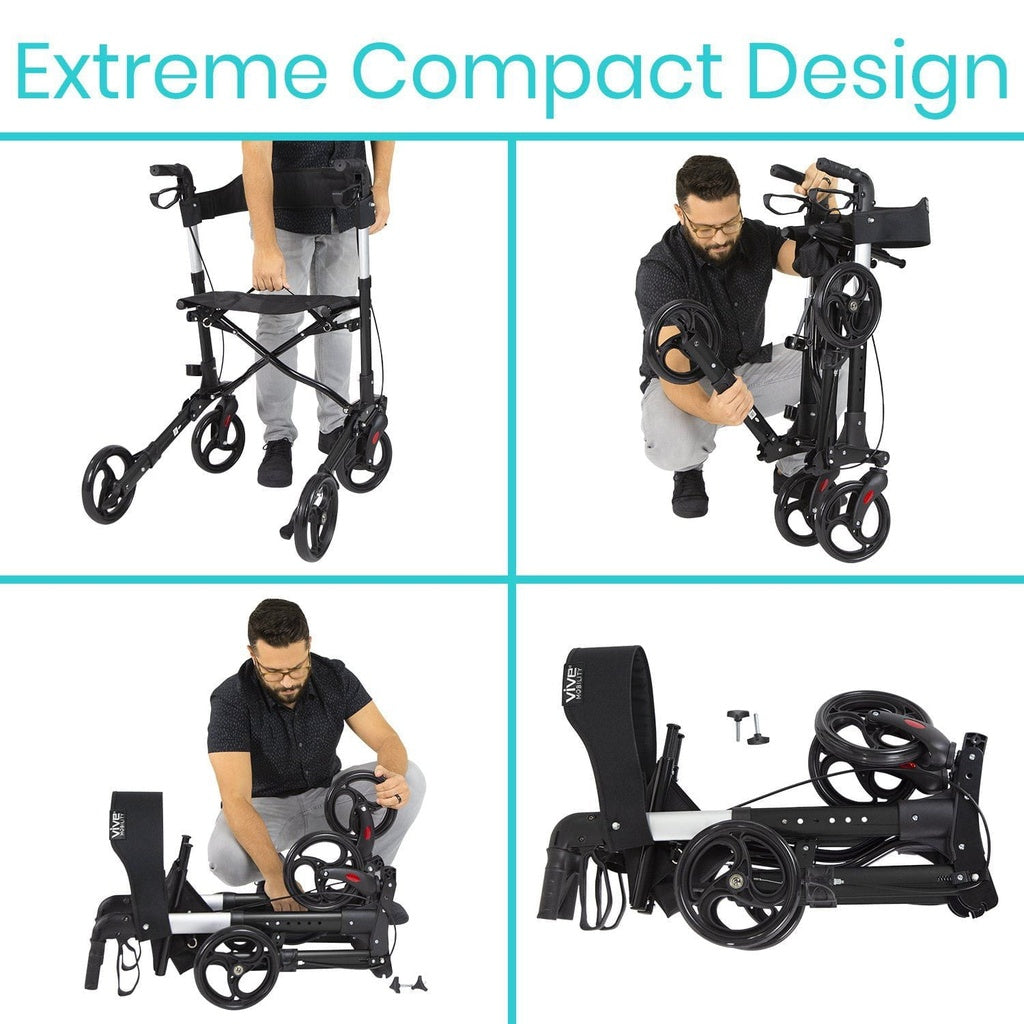 Collage showing a compact walking aid being folded and unfolded by a person.