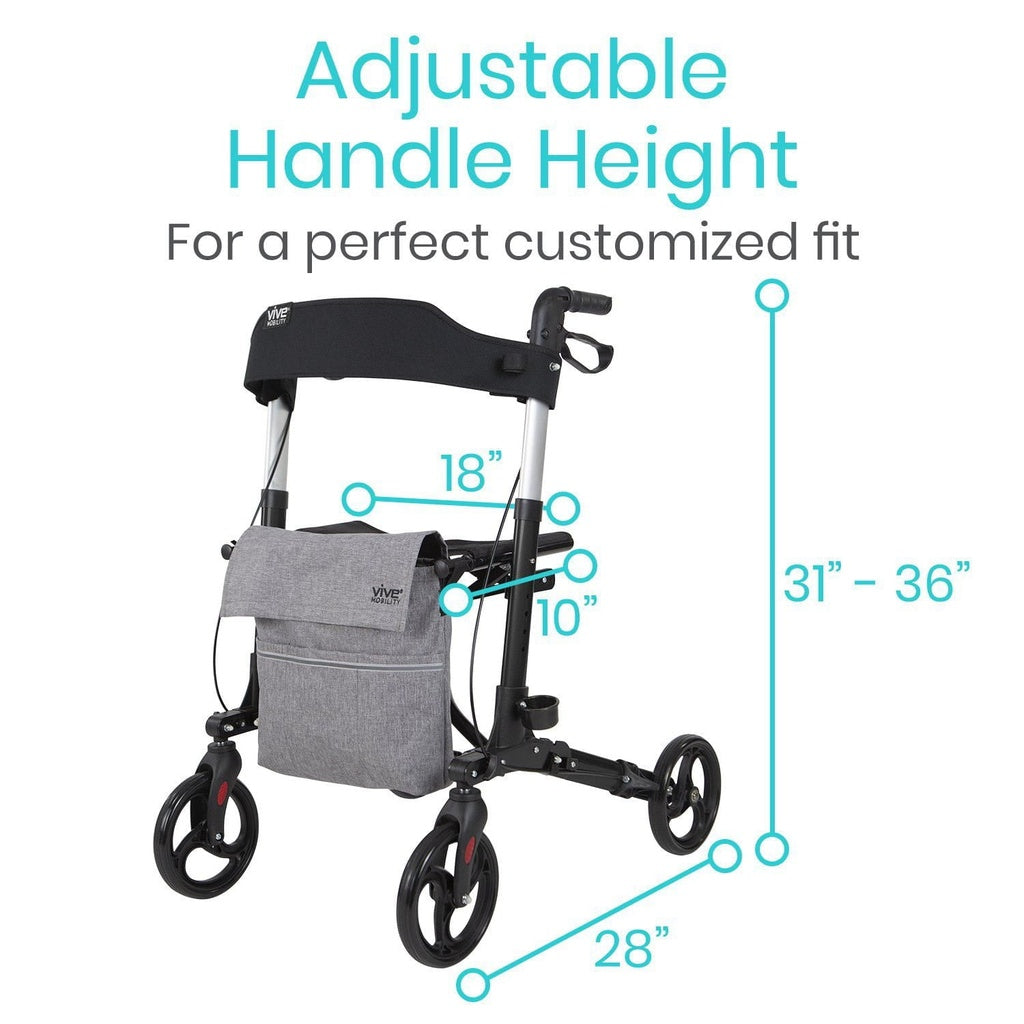 Rollator with adjustable handle height feature on a white background