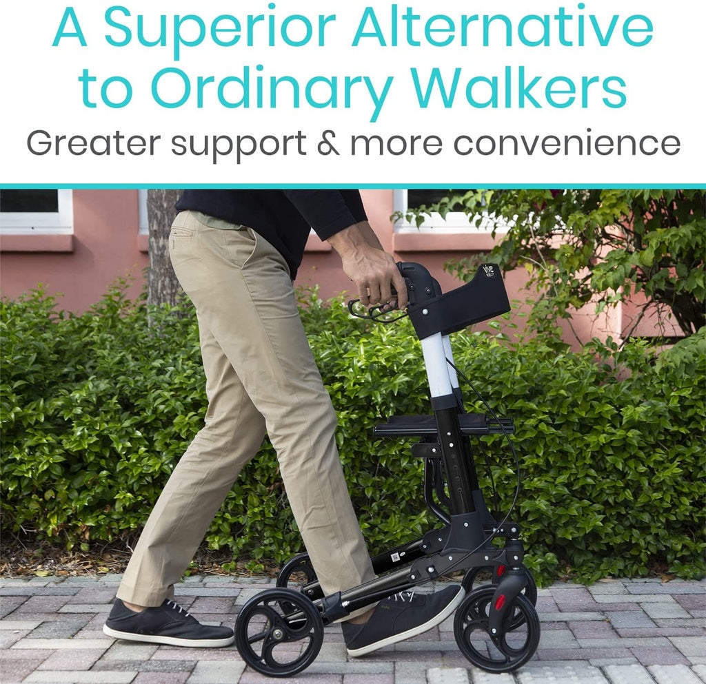 Person using a scooter with text 'A Superior Alternative to Ordinary Walkers' and 'Greater support & more convenience'.