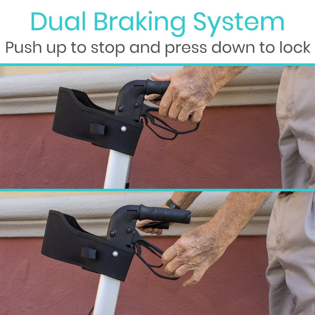Dual braking system for a walker with text instructions on usage.