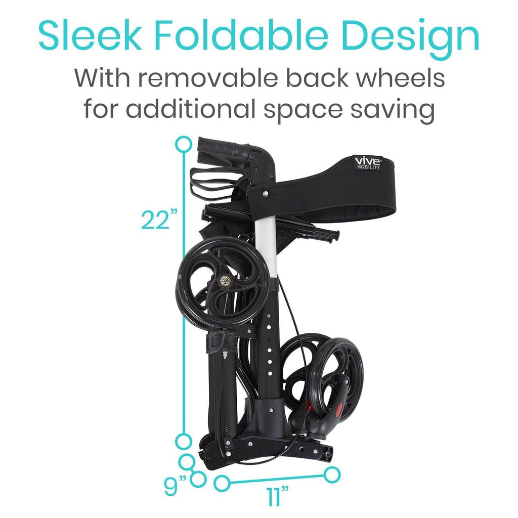 Foldable golf cart with dimensions and text highlighting space-saving feature, brand 'Vivue' visible.