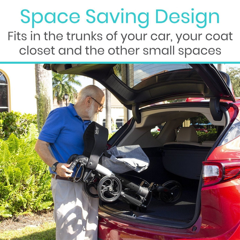 Man loading a folded stroller into the trunk of a car with text about space-saving design.