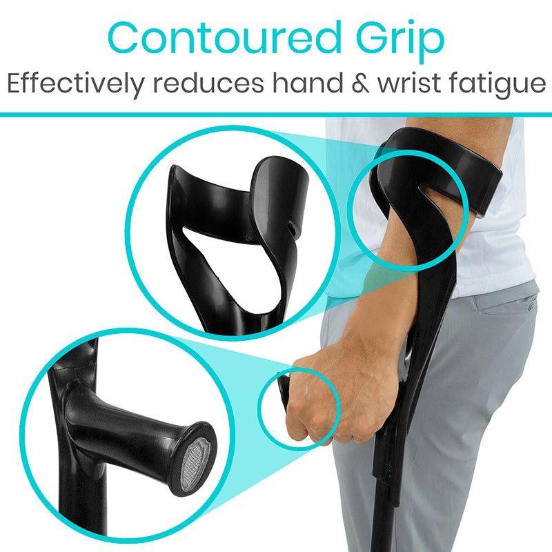 Cane with contoured grip design, showing how it reduces hand and wrist fatigue.