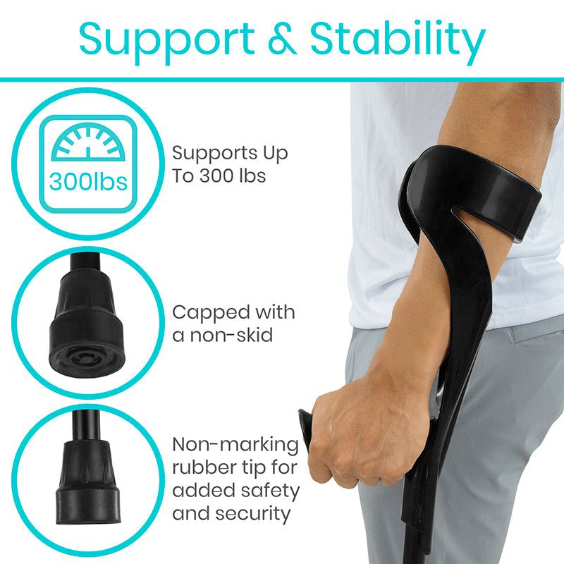 Cane with support and stability features highlighted, including weight capacity and safety features.