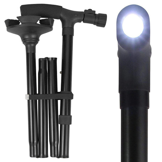 Black metal tool with adjustable components and a light on a white background