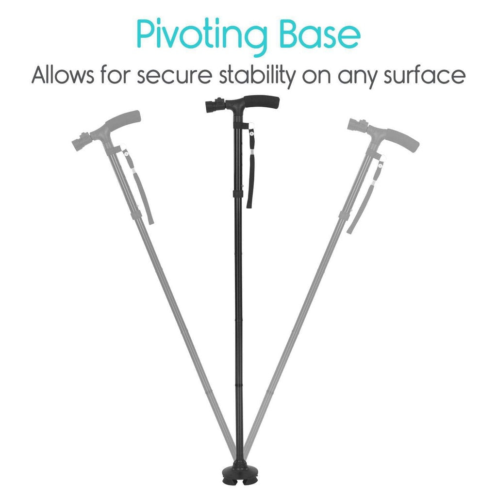 Three walking sticks with a pivoting base feature on a white background
