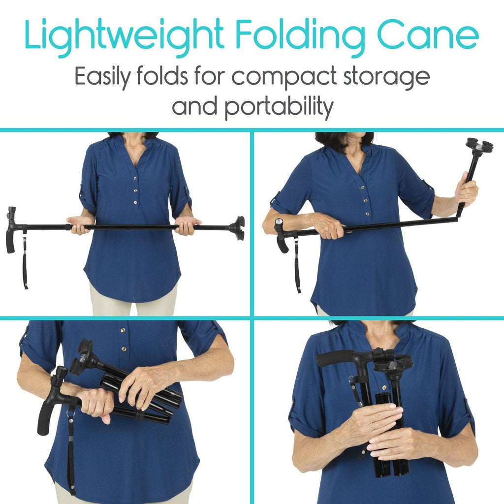 Lightweight folding cane being demonstrated in four stages of folding and unfolding.
