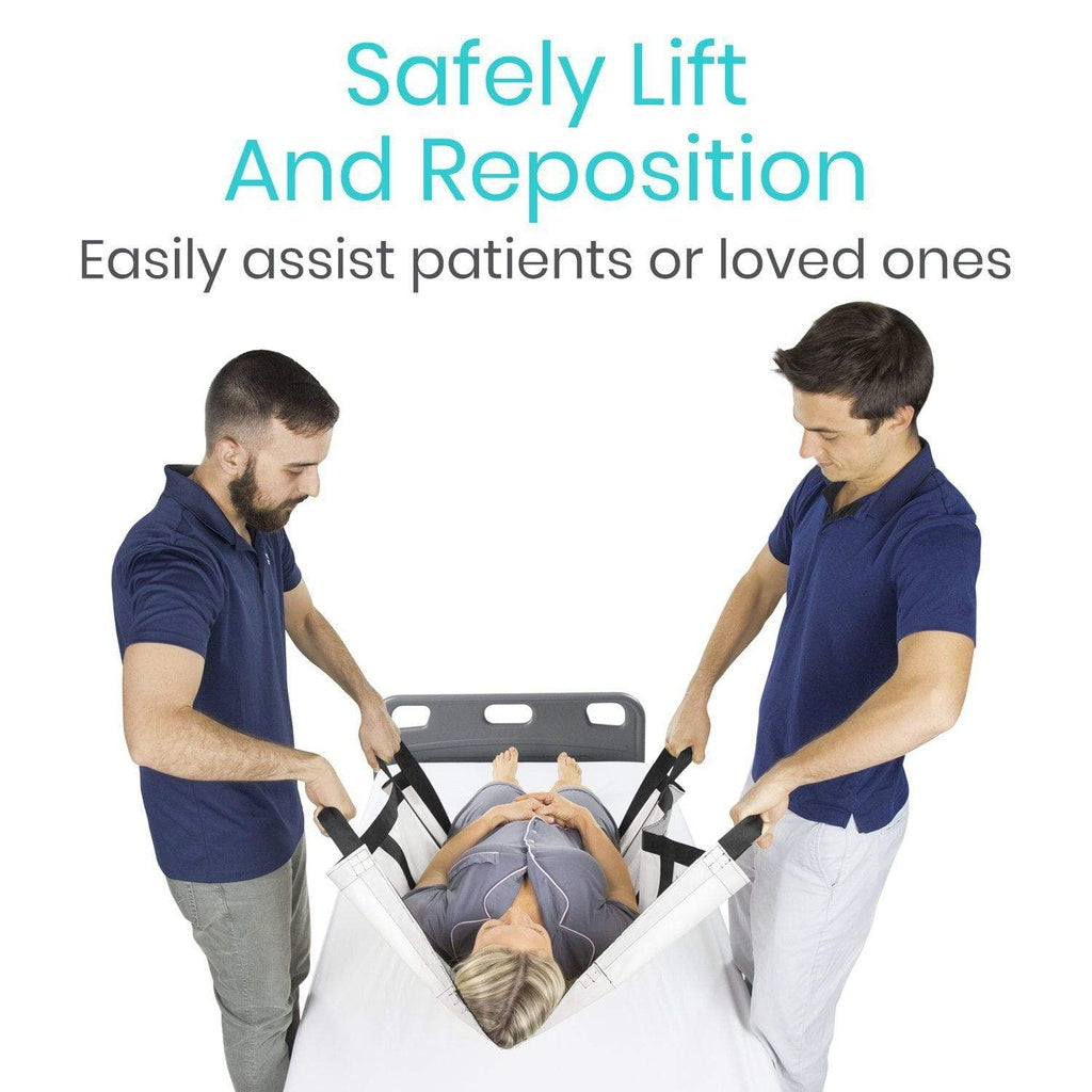 Two people using a patient lift to assist a person lying on a stretcher, with text promoting safe lifting and repositioning.