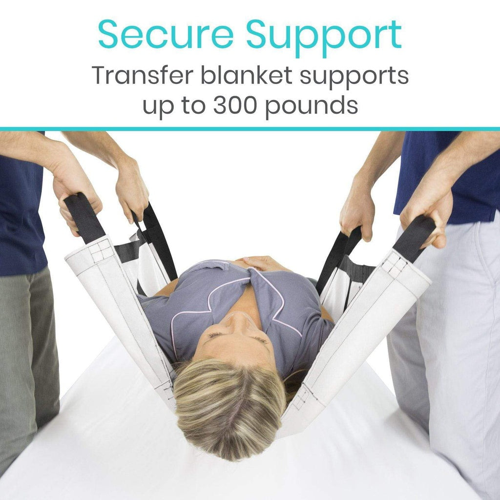 Person using a transfer blanket with text indicating support capacity