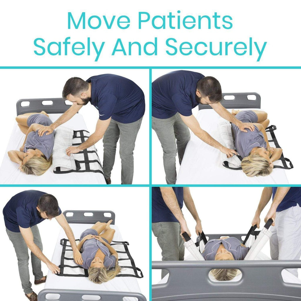 Collage of a person using a patient transfer board to safely move a patient.