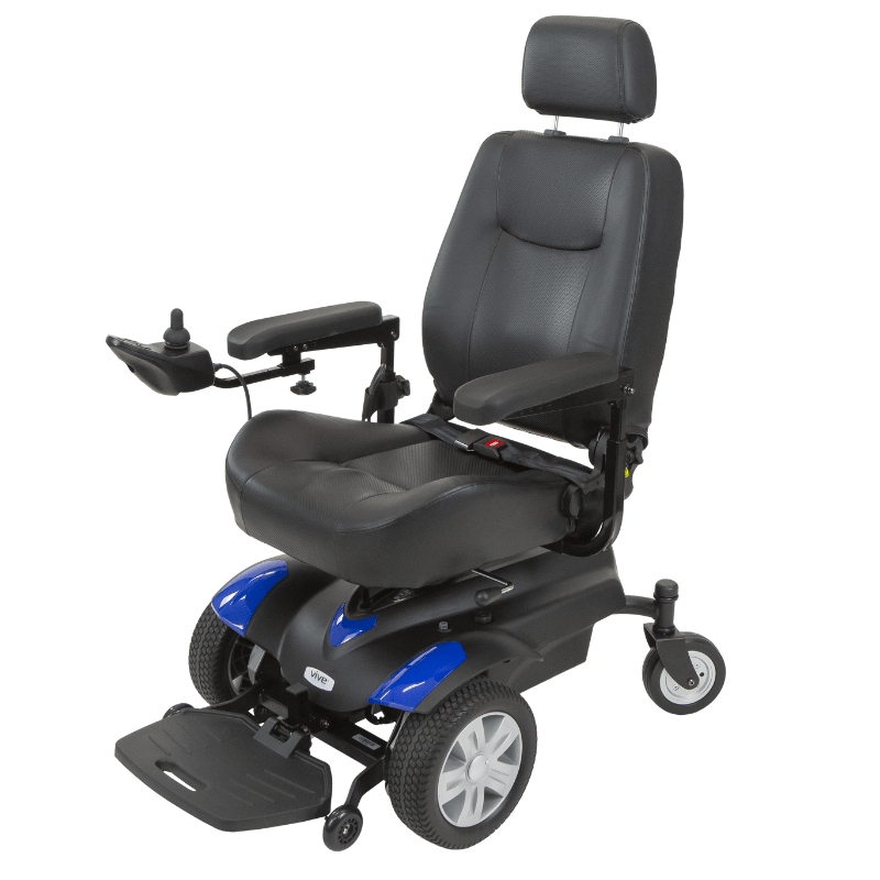 Black electric wheelchair with blue accents on a white background