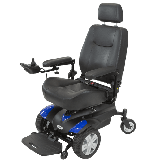 Black electric wheelchair with blue accents on a white background