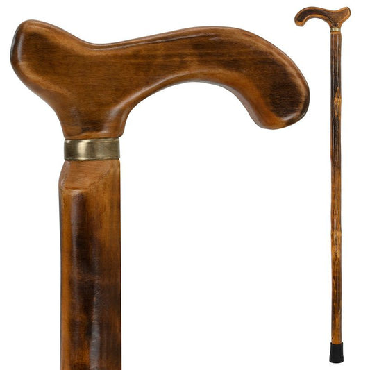 Wooden walking cane with a decorative handle on a white background