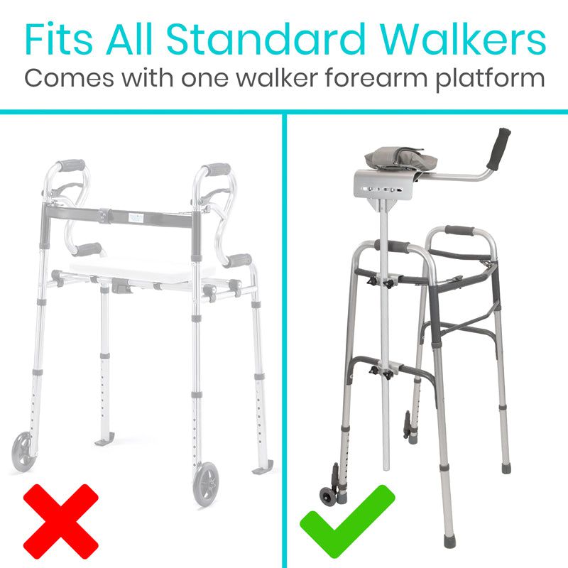 Comparison of a standard walker with and without an additional platform, featuring text indicating compatibility with all standard walkers.