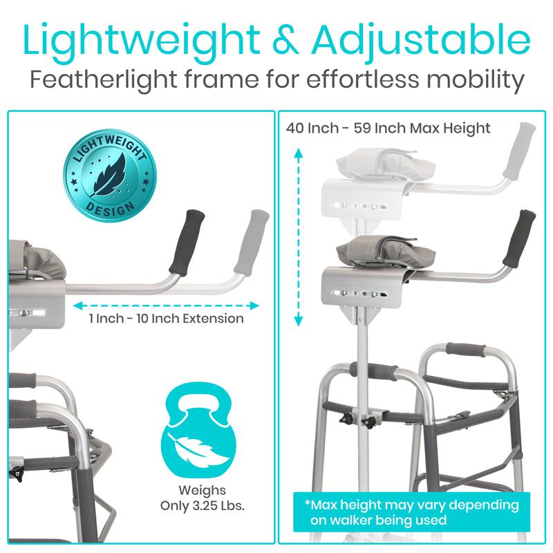 Adjustable walker with height extension feature and weight capacity details.