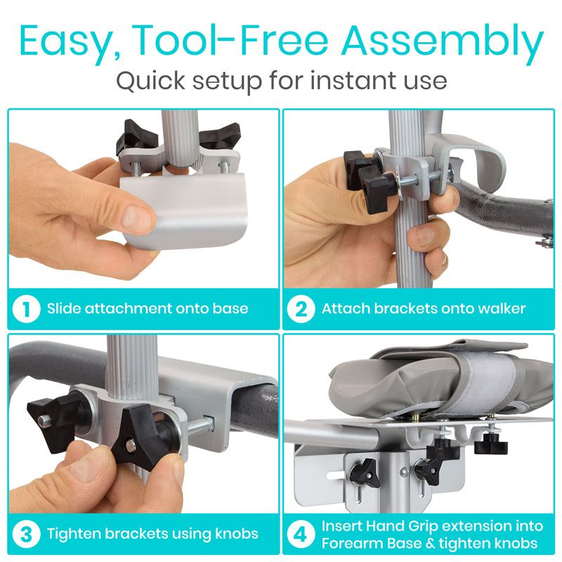 Step-by-step assembly guide for a walker attachment with text 'Easy, Tool-Free Assembly' and 'Quick setup for instant use'.