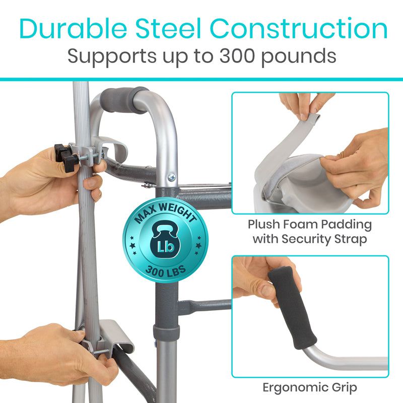 Stroller with durable steel construction, plush foam padding, and ergonomic grip features.