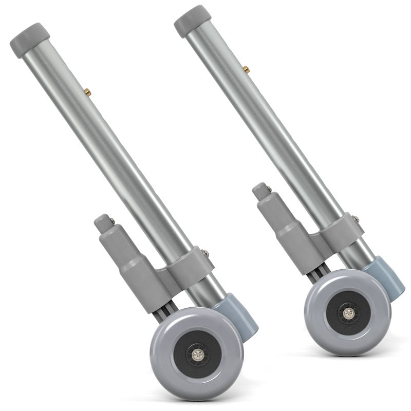 Set of four gray metal stands with wheels on a white background