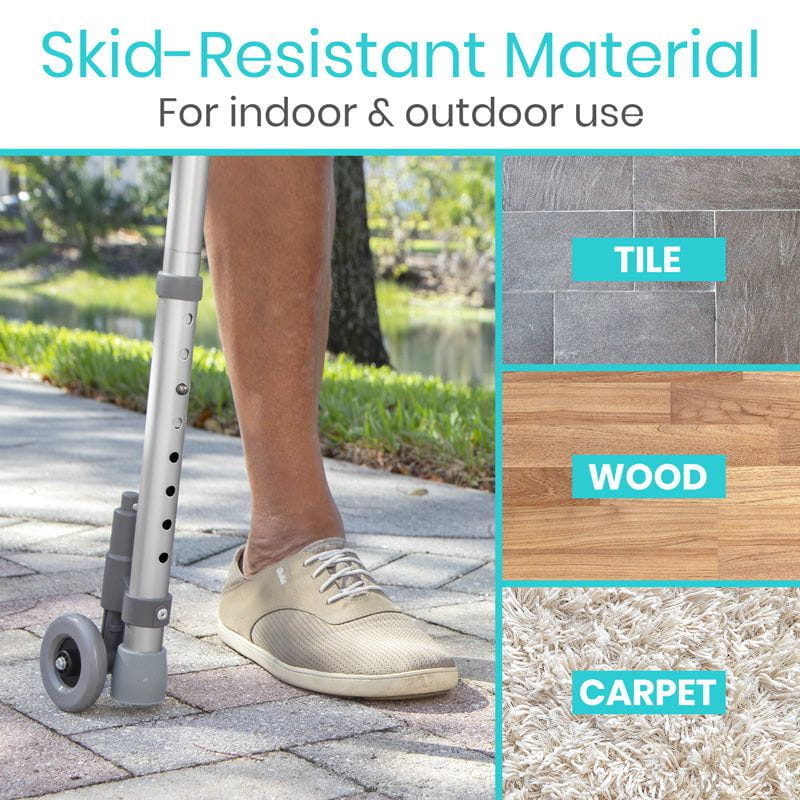 Skid-resistant material for indoor and outdoor use with a person using a scooter on a sidewalk.
