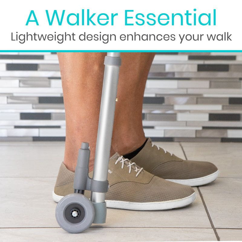 Person using a walker with text 'A Walker Essential' on a tiled floor.