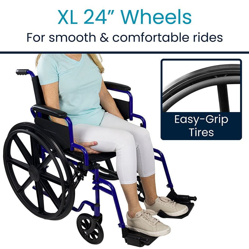 Person using a wheelchair with XL 24-inch wheels and easy-grip tires highlighted.