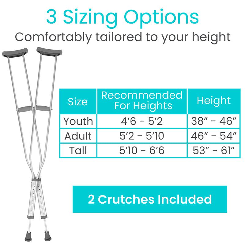 Crutches with sizing chart for different height ranges on a white background