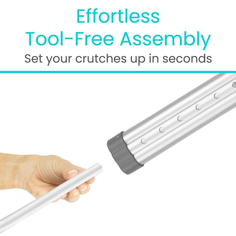 Hand holding a crutch with text 'Effortless Tool-Free Assembly' on a white background