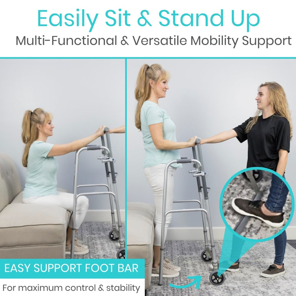 Multifunctional mobility support device with text 'Easily Sit & Stand Up' and 'Multi-Functional & Versatile Mobility Support'.