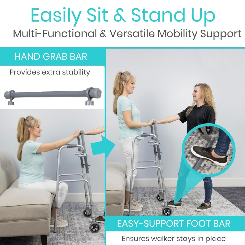 Hand grab bar and easy-support foot bar for mobility support with text on functionality.