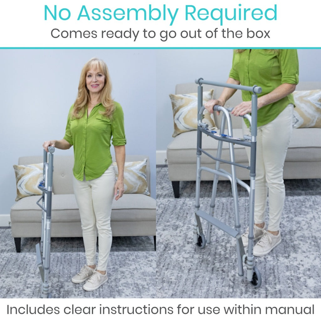 Woman using a walker with text indicating no assembly required and clear instructions included.