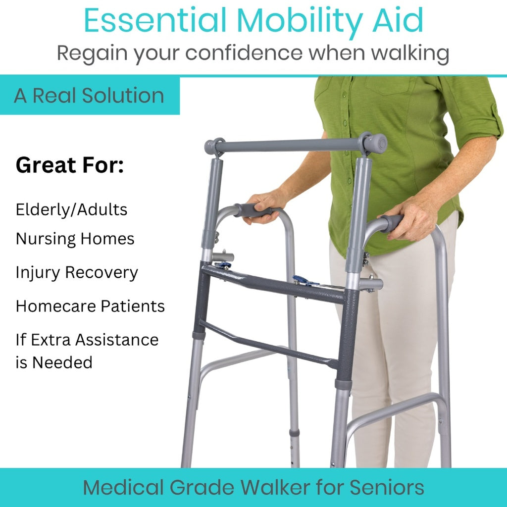 Person using a walker with text about its use for elderly, nursing homes, injury recovery, homecare patients, and extra assistance.