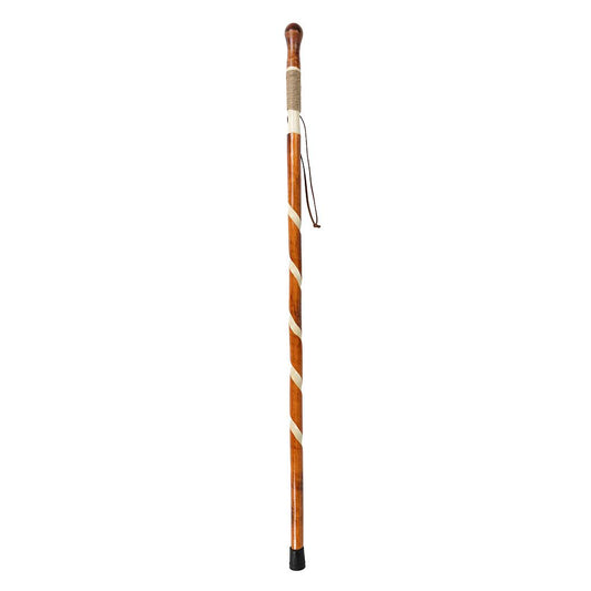 Wooden walking stick with a checkered handle on a white background