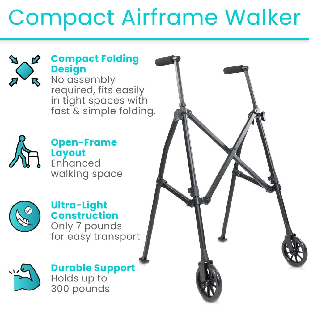 Compact airframe walker with features listed on a white background