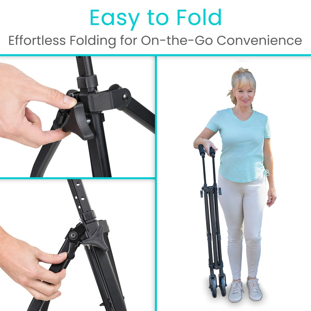 Collapsible walking stick with text 'Easy to Fold' and 'Effortless Folding for On-the-Go Convenience'.