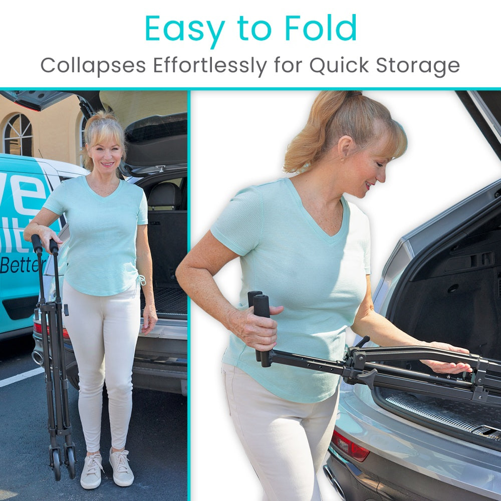 Woman collapsing a portable ramp next to an open car trunk with text 'Easy to Fold, Collapses Effortlessly for Quick Storage'.