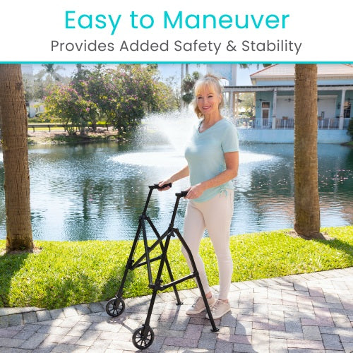 Woman using a walker outdoors by a lake with text about added safety and stability.