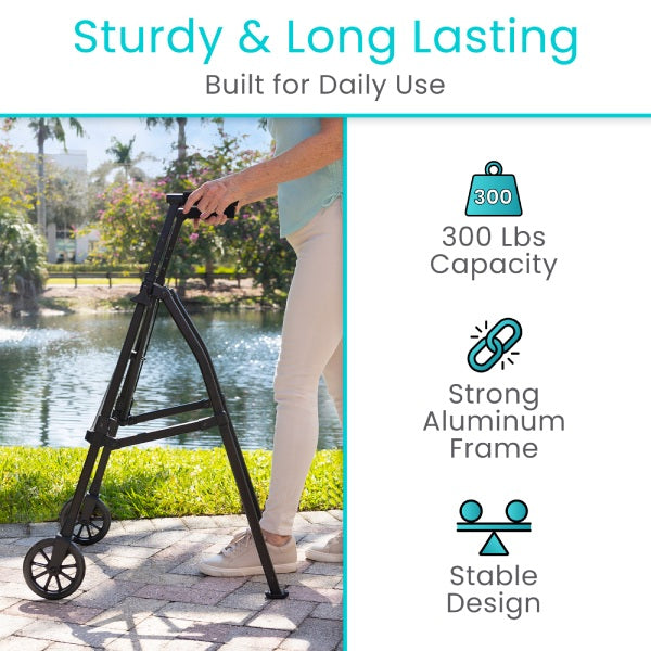 Person using a walking frame with scenic background and product features highlighted.