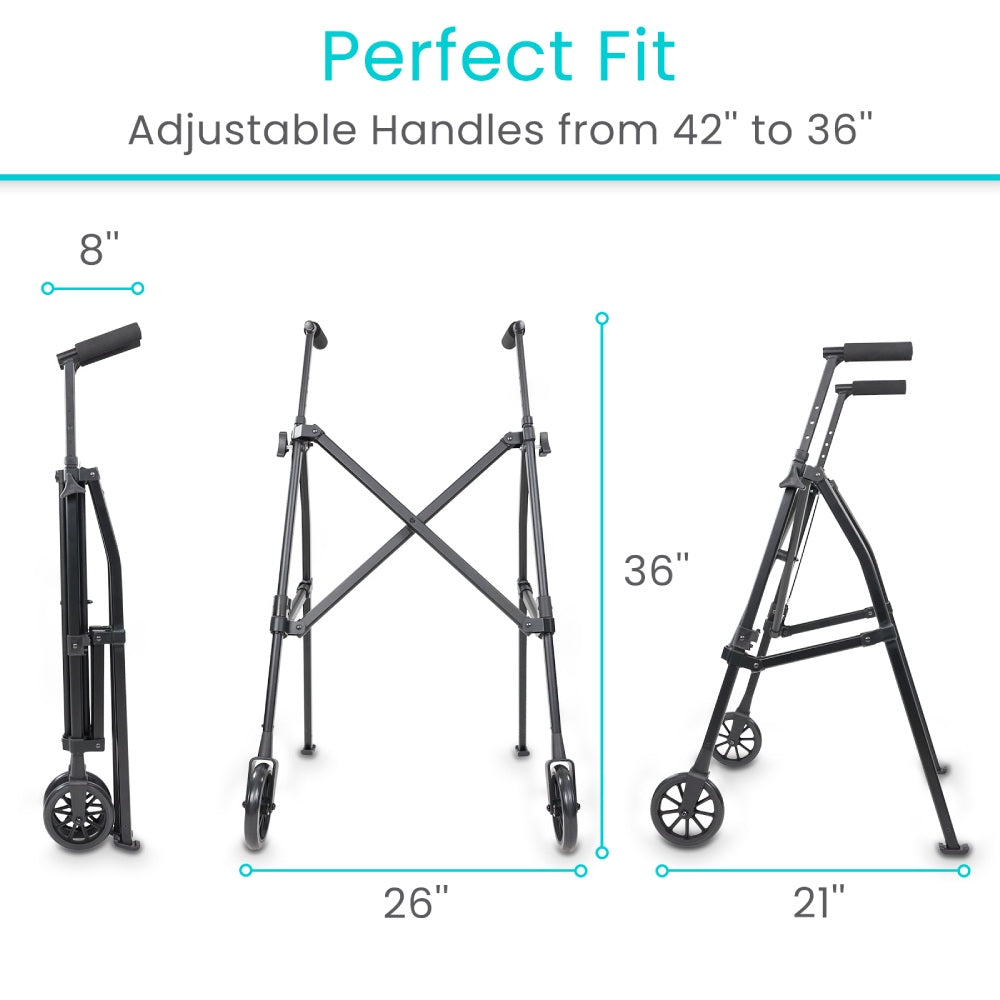 Adjustable walker with measurements on a white background