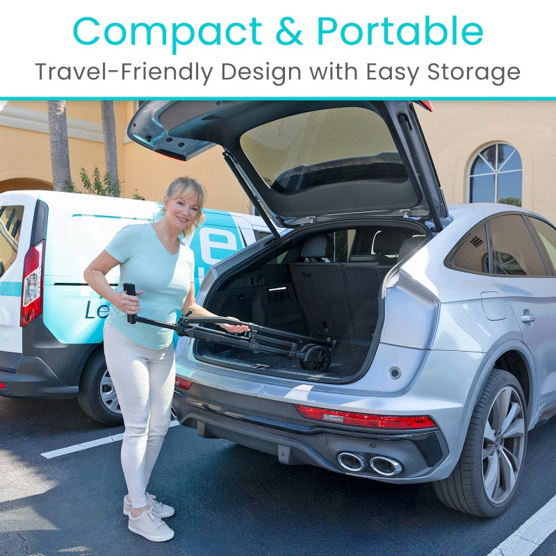 Woman with a suitcase next to an open car trunk, with text 'Compact & Portable' and 'Travel-Friendly Design with Easy Storage'.