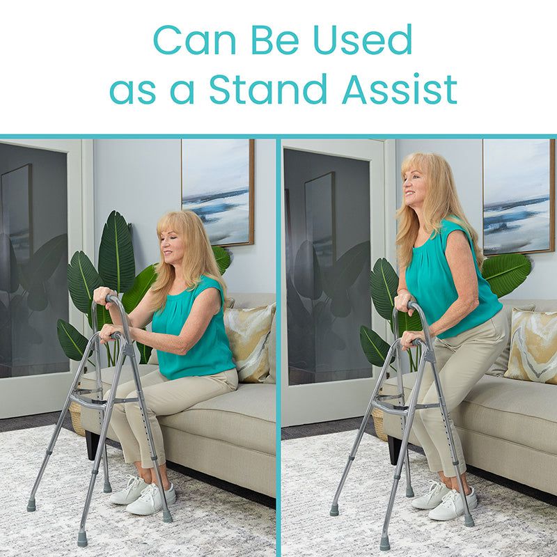 Woman using a walker in a living room setting with text 'Can Be Used as a Stand Assist'.