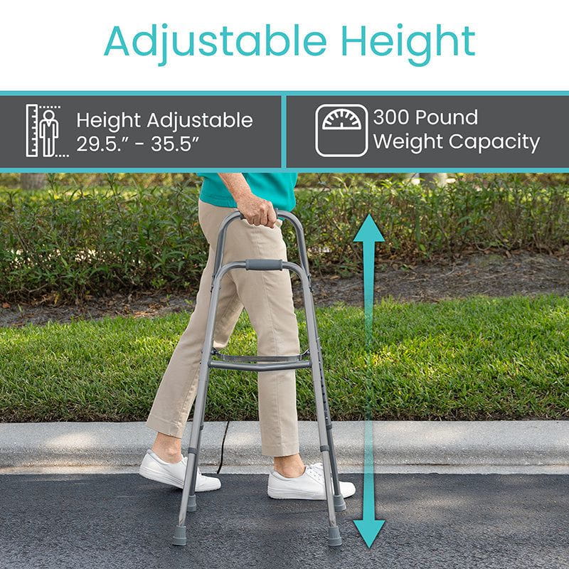 Person using a height-adjustable walker with text indicating adjustable height and weight capacity.